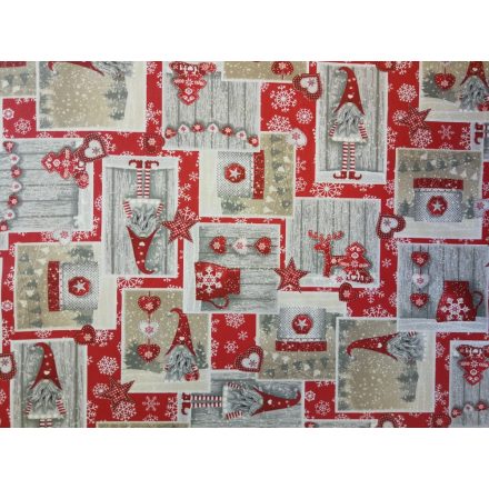Asztalterítő 0016 textil hatású piros alap karácsonyi manók kockákban