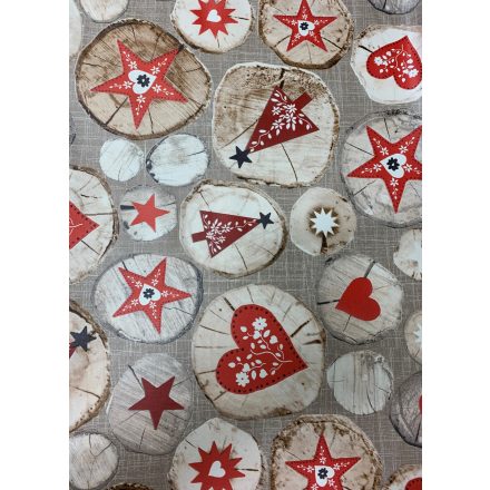 Asztalterítő 0040 textil hatású szürke alap karácsonyfa,csillag,szív fametszetben